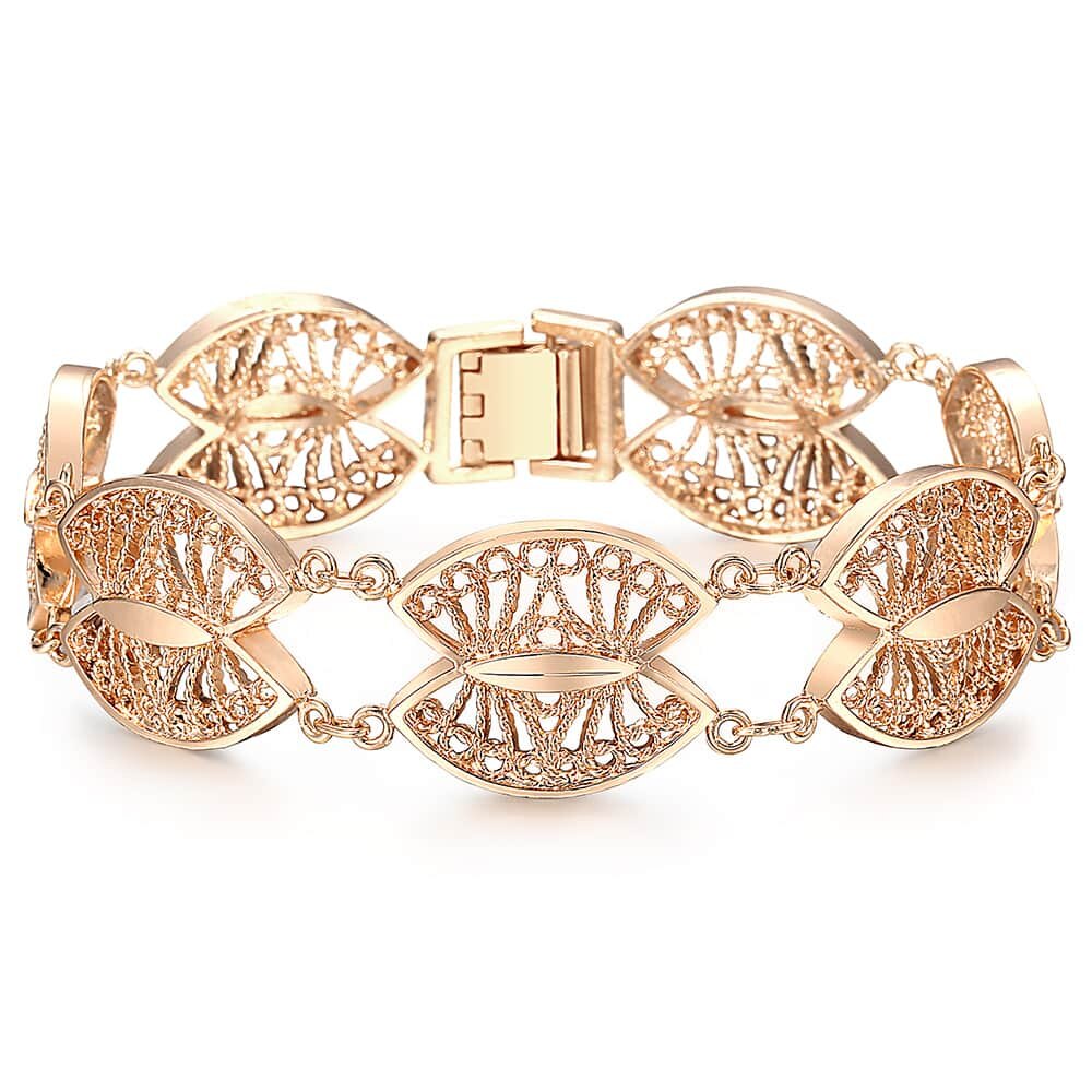 Pulsera de oro rosa de de 585 para mujer, brazalete con flores talladas y forma ovalada de enredadera, joyería para , para mujer CBM01: CB17 double-leaf