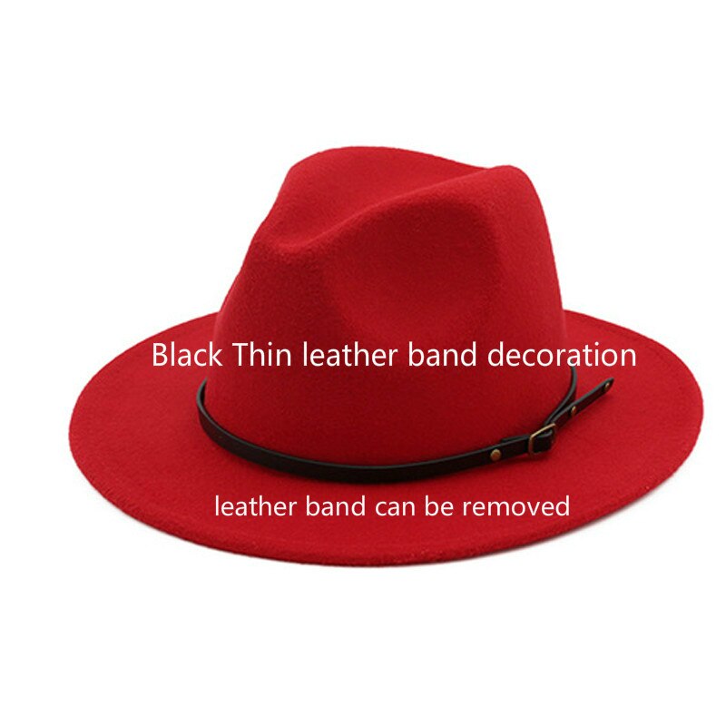 Qbhat kongeblå rød patchwork imiteret uldfilt fedora hatte med tyndt bæltespænde mænd kvinder stor randen panama trilby jazz cap: Ydre rød indre blå / 59 til 60cm