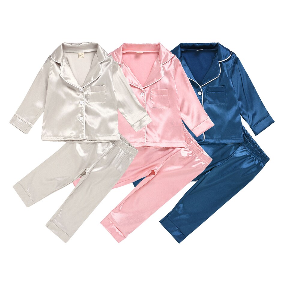 Ensemble pyjama pour enfants, costume pour bébé, vêtements pour enfants, tout-petits, garçons et filles, coton, soie, satin, ensemble haut et pantalon uni, vêtements de maison