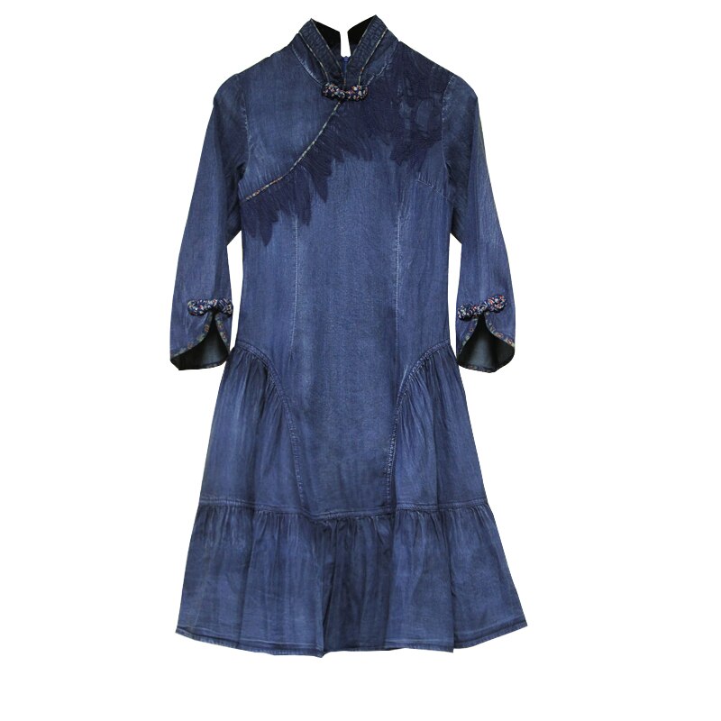 Kjole kvinder yuzi.may boho efterår denim kvinder kjoler a-line mandarin krave vintage vestidos  a82111 vestido