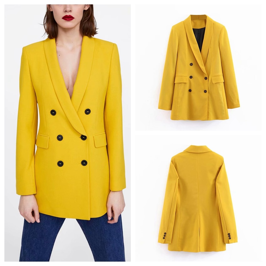 Blouson jaune jaune pour femmes, , col échancré, poches à Double boutonnage, vêtement de bureau, pour le travail, hauts
