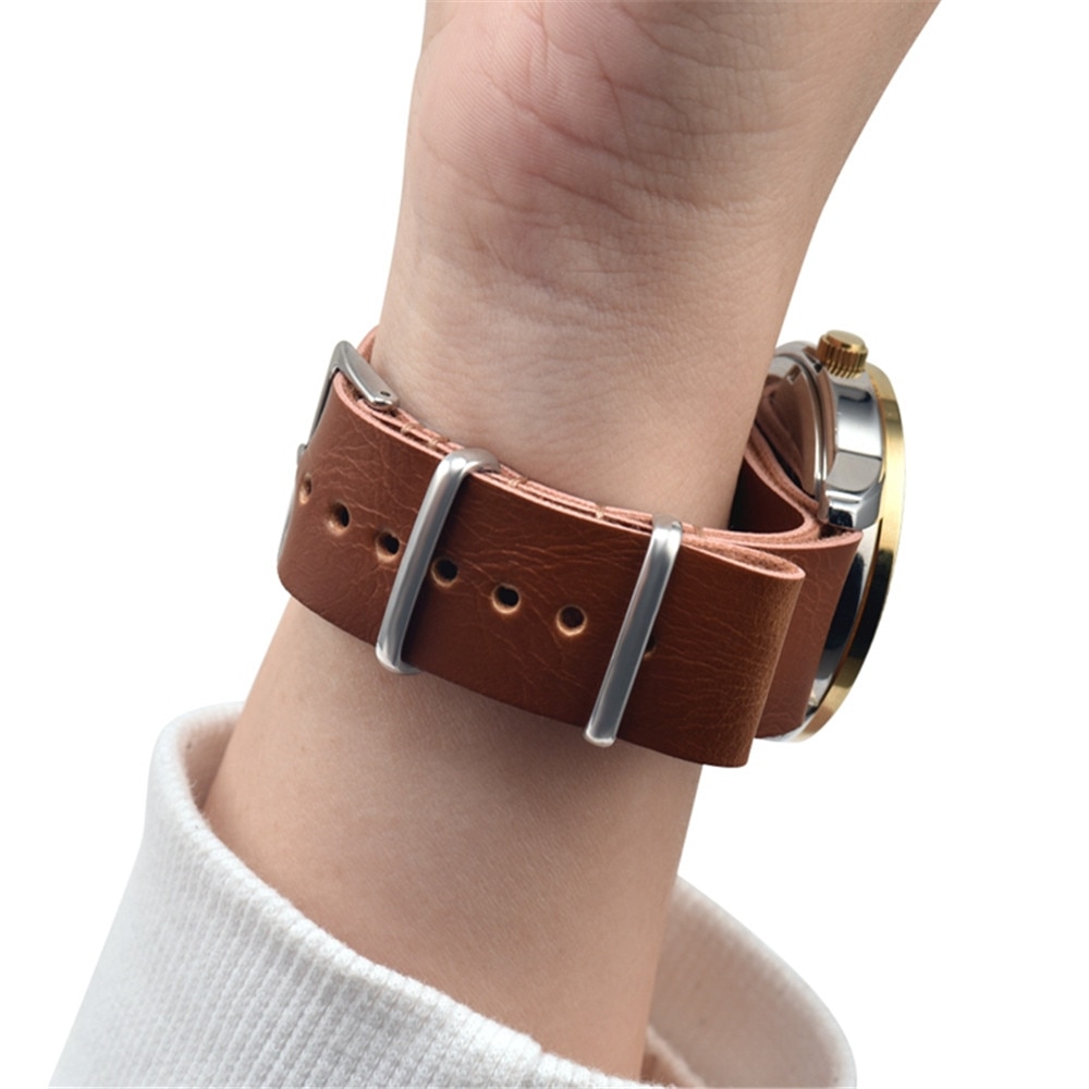 18mm 20mm 22mm 24mm zulu læder urremme nato rem tilbehør mænd kvinder sølv ring spænde armbånd bånd sort brun