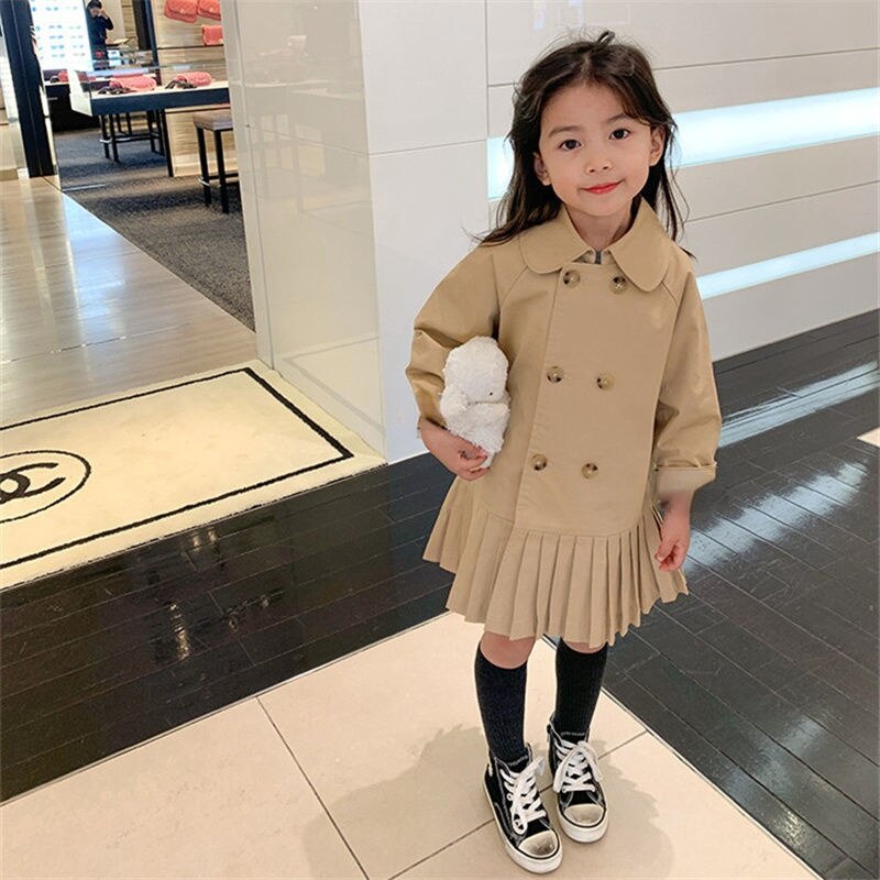 2022 Voorjaar Koreaanse Versie Kinderen Geplooide Rok Meisjes Jas Trendy Meisjes Mode Comfortabele Casual Mid-Lengte Trenchcoat: 2T