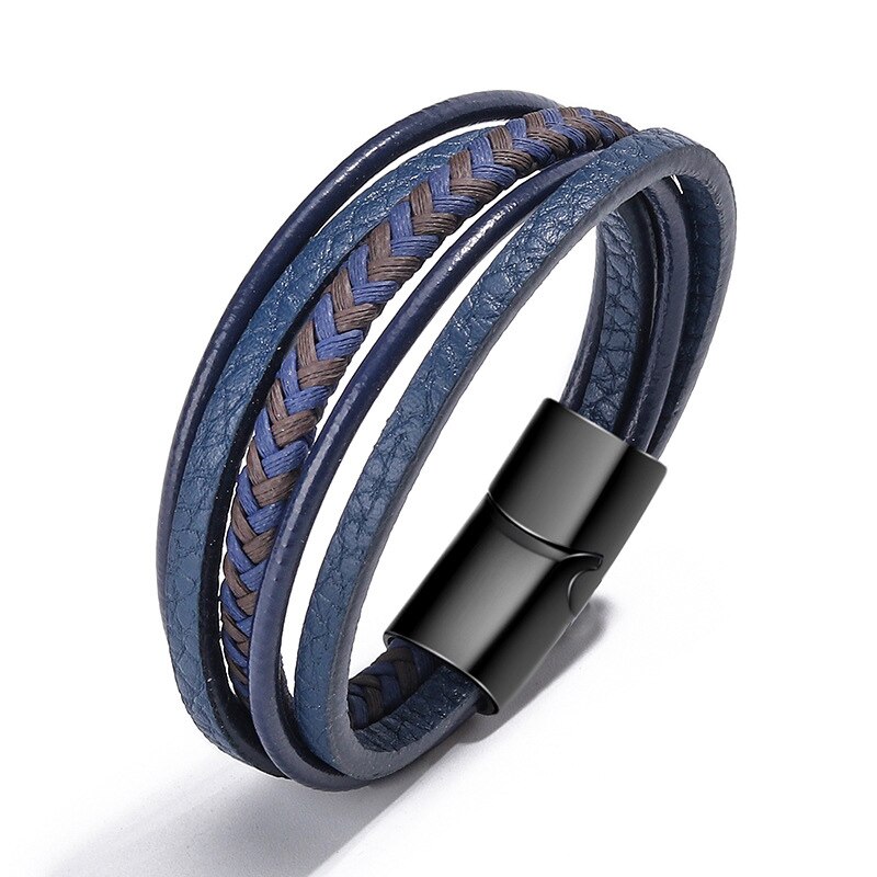 Niuyitid mænds blå læder armbånd flerlags magnet knap mandlige smykker til kvinder: Flerfarvet