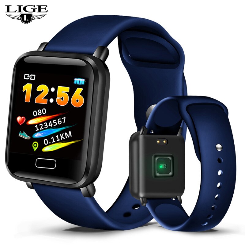 Lige smart klocka dam sport stegräknare smart armband pulsmätare fitness tracker led färgskärm damklocka+låda: Blå