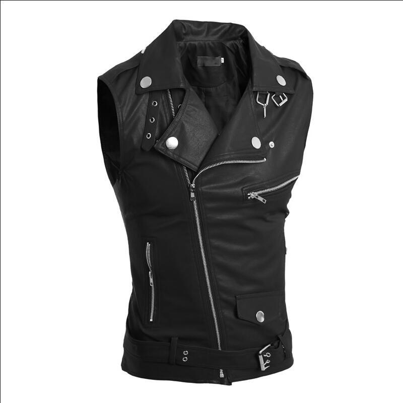 Summer Mens Casual Vest PU Leather Lapel Collar Male Zipper Vest Slim Fit Sleeveless Chalecos Para Hombre: black / XL