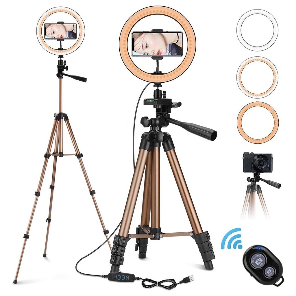 Ring Light 10 Inch 25 cm with Tripod 50 Inch 128 cm with Bluetooth Receiver Mobile Phone Holder 3 Lighting Modes Selfie Video: Gold 