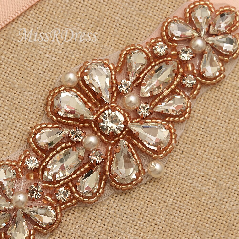 MissRDress Rhinestones Pearls Bridal Belt Hand Beaded Wedding Belt Rose Gold Crystal Bridal Sash For Wedding Dresses JK894