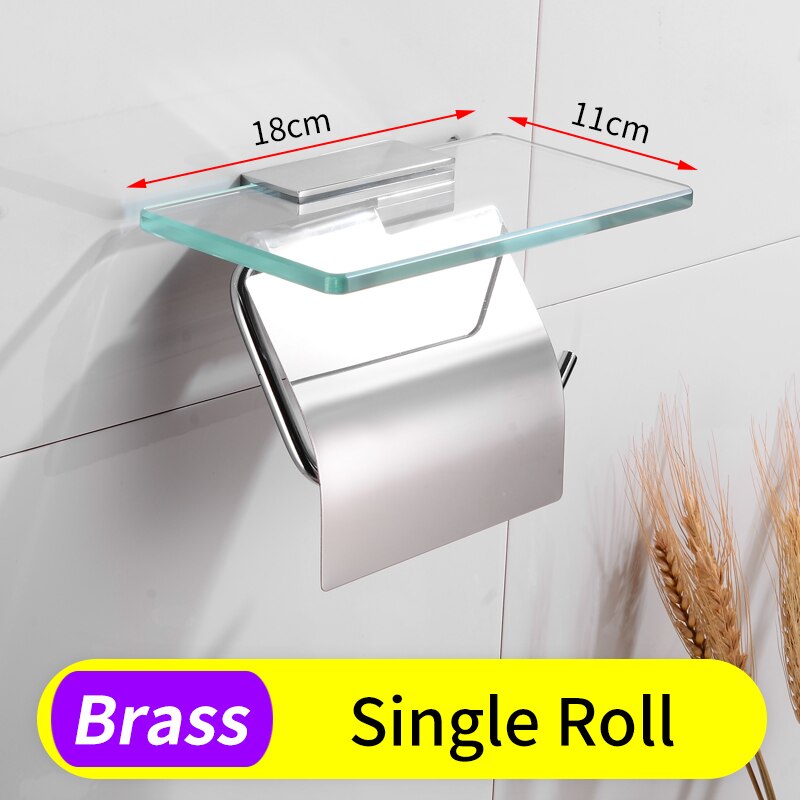 Toilet Paper Holder with Glass Shelf Stainless Steel Paper Towel Holders for Kitchen Wall Mounted Bathroom Toilet Roll Holder: Single Roll