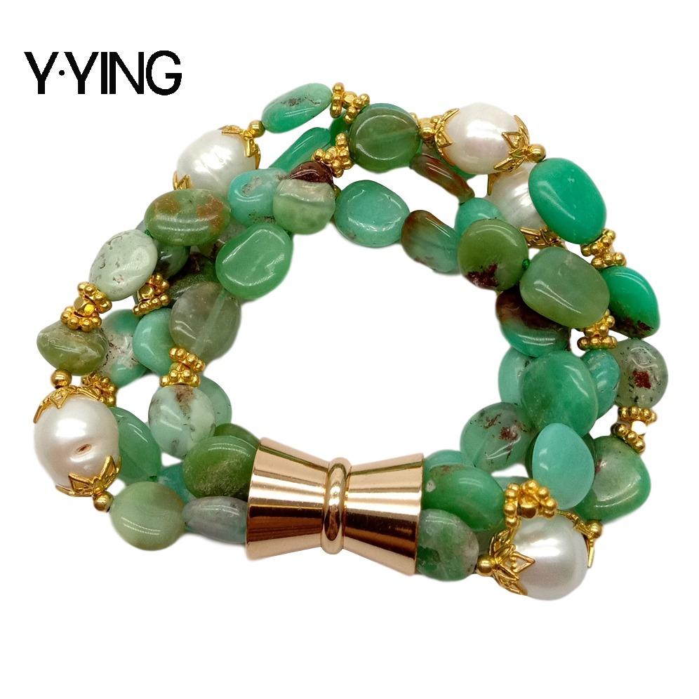 Y · Ying Natuurlijke 4 Strengen Groen Chrysopraas Nugget Gekweekte Witte Rijst Parel Armband 8.5 ''Voor Vrouwen
