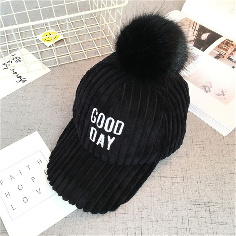 Brev pompon baseball kasketter børn snapback dreng piger baby koreansk vinter varme hatte gorras udendørs sne ski hat: Sort