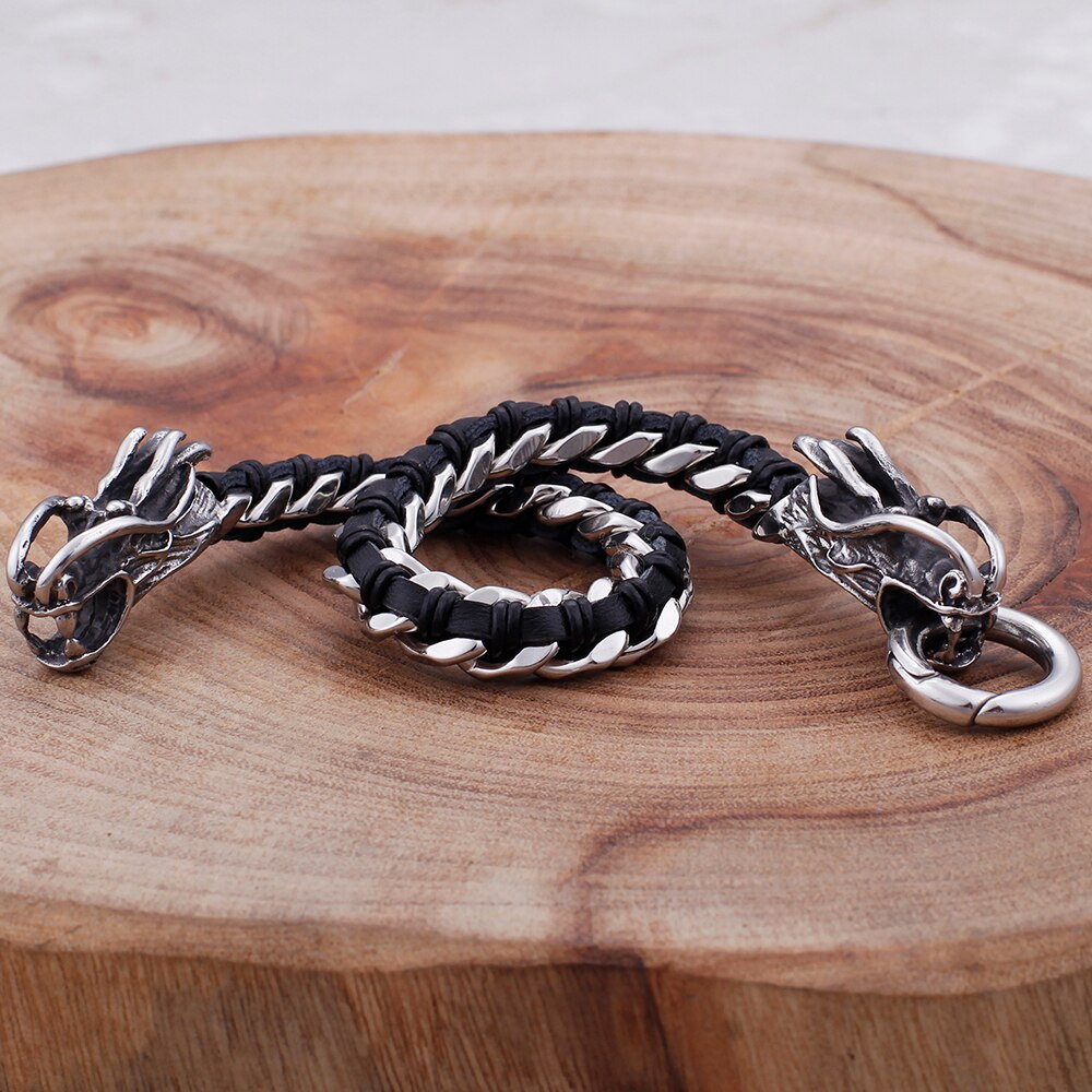 Hip Hop Bike Jewelry Double Dragon Head Charm Bracelet Men Weave Leather & Stainless Steel Mens Bracelets For Husband Man