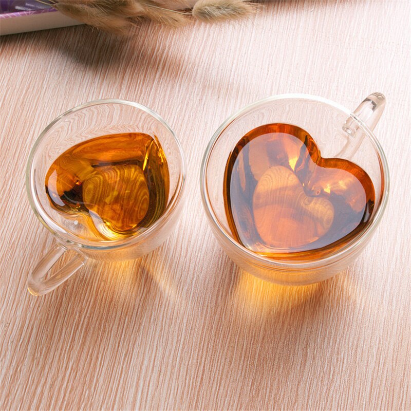 Dubbel Hartvormige Koffie Cups Lepel Met Handvat Cup Isolatie Hittebestendig Servies Bar Drink Glas Glassware180ml / 240 Ml