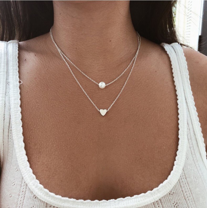 Trendy Girocolli Per Le Donne Oro Argento Colore Doppio Strato Collana Di Modo Regalo Per Amico Del Cuore Dei Monili del Collo Dropshipping: i