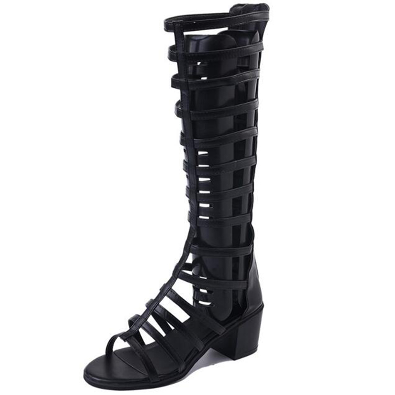Comemore Women Summer Shoe Square Heel Knee High Boots Open Toe Back Zip Woman Black Shoes Heels Sandal Gladiator Sandals: 35