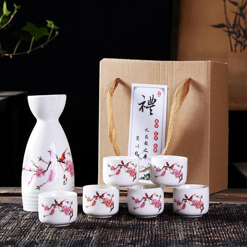 Japanese Sake Set, 6 Pieces Sake Set Hand Painted Porcelain Pottery Traditional Ceramic Cups Crafts Wine Glasses Box: Pink