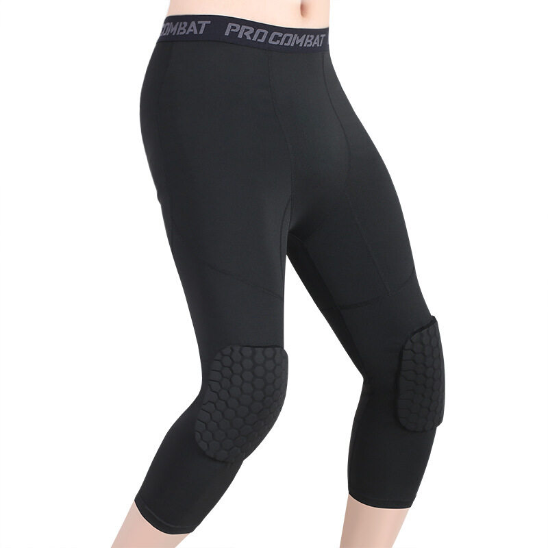 Pantalon de compression de basket-ball avec genouillères pour hommes et garçons, collants de sport de longueur 3/4, leggings d'entraînement rembourrés en accent d'abeille à séchage rapide: L / Black
