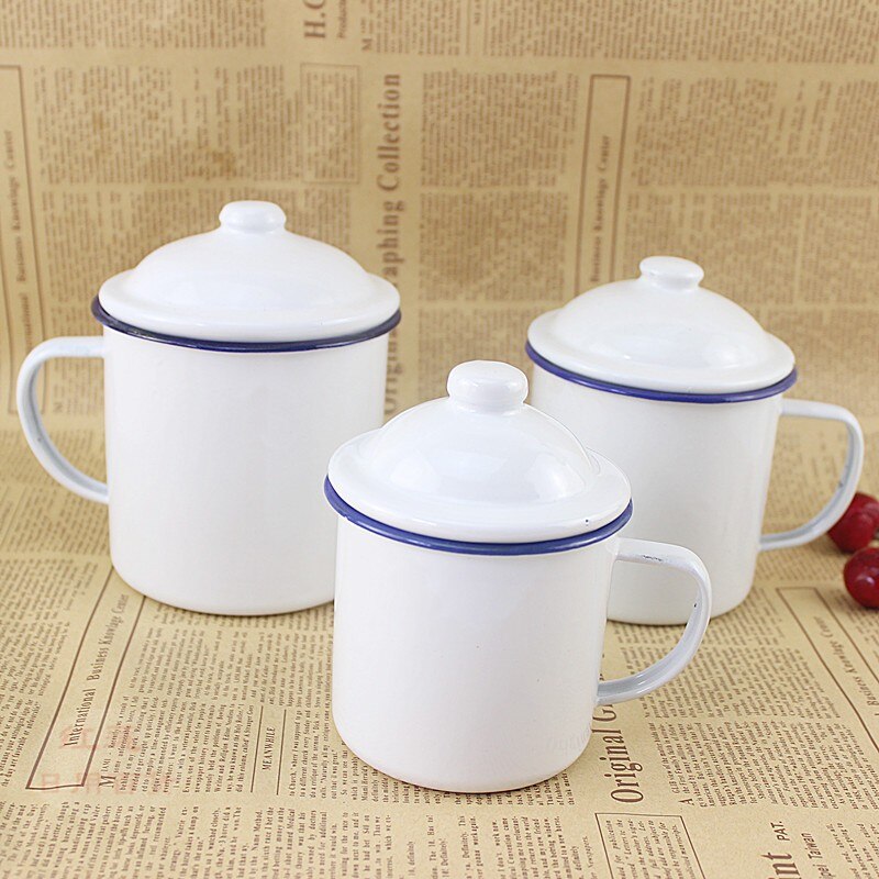Enamel Tea Cup. Enamel coffee cup. Nostalgic enamel cup. White enamel drinking cup with cover. 5 pieces / 1 package