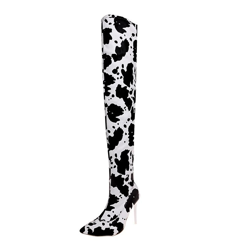 Women's High Heel Over Knee Boots Leopard Print Pointed Boots Party Casual Versatile Women's Boots: White / 36