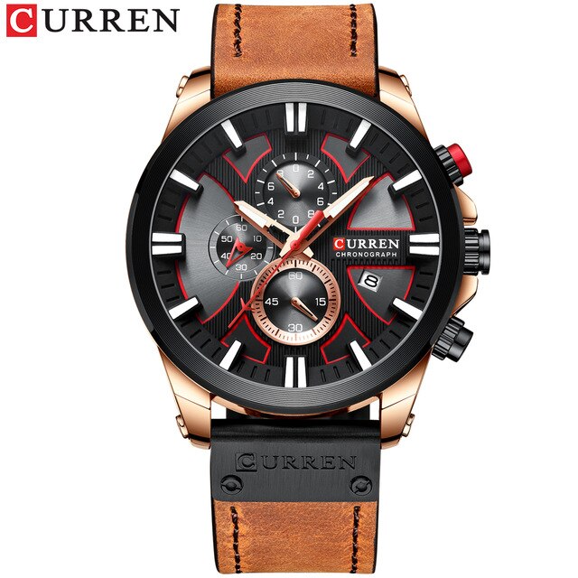 Curren horloge chronograaf sport herenhorloges quartz horloge leren heren polshorloge relogio masculino gif: Bruin