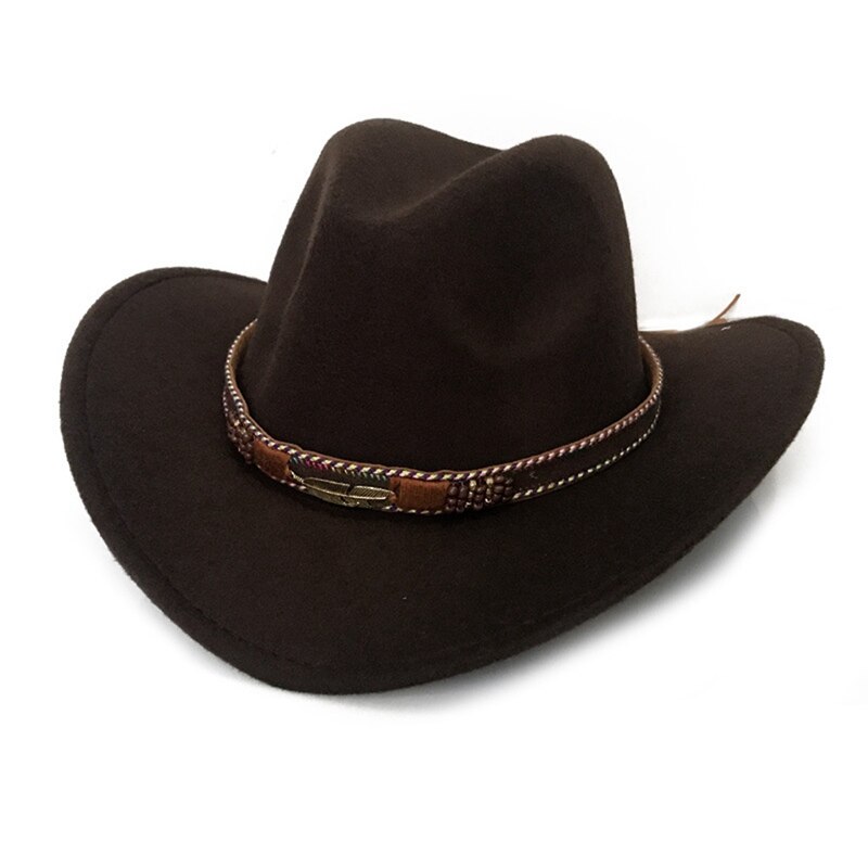 Europeos de ala ancha vaquero sombrero Panamá sombrero de fieltro tipo Jazz sombreros con hebilla de cuero liso de lana sombrero para hombres y mujeres: BR
