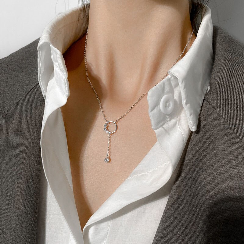 Collar de circonia brillante para mujer, cadena larga redonda, borla, para , de boda joyería, S-N713