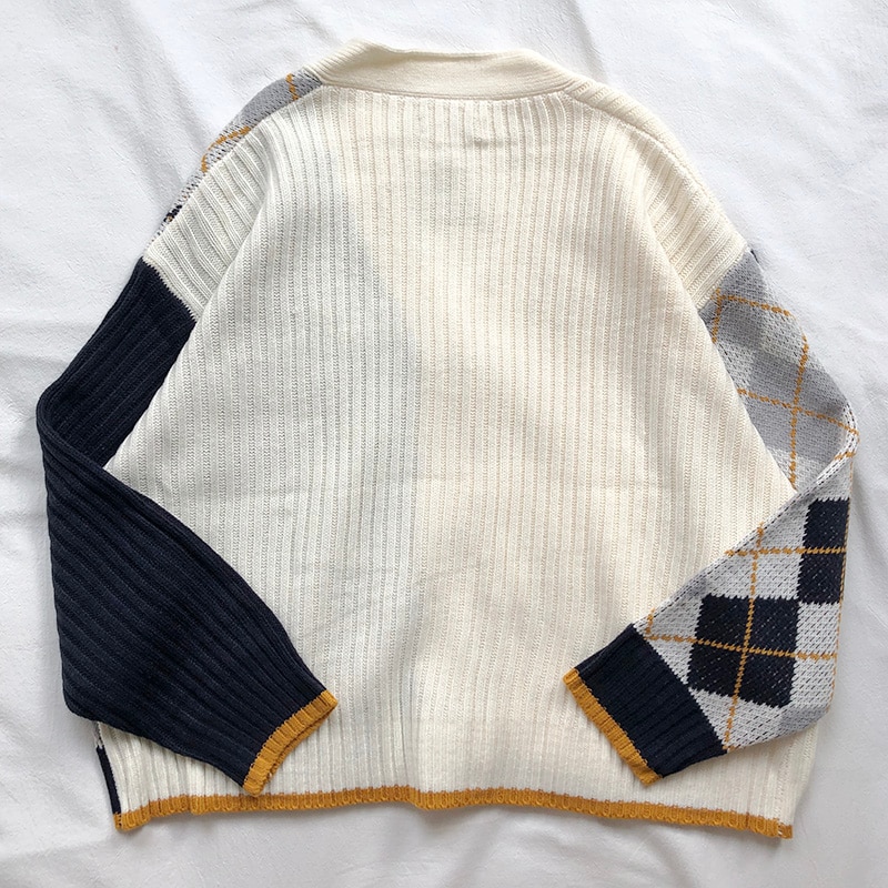 3 färger vår och höst koreansk stil färg patchwork v-ringad pläd stickade koftor dam tröjor dam  (x180)