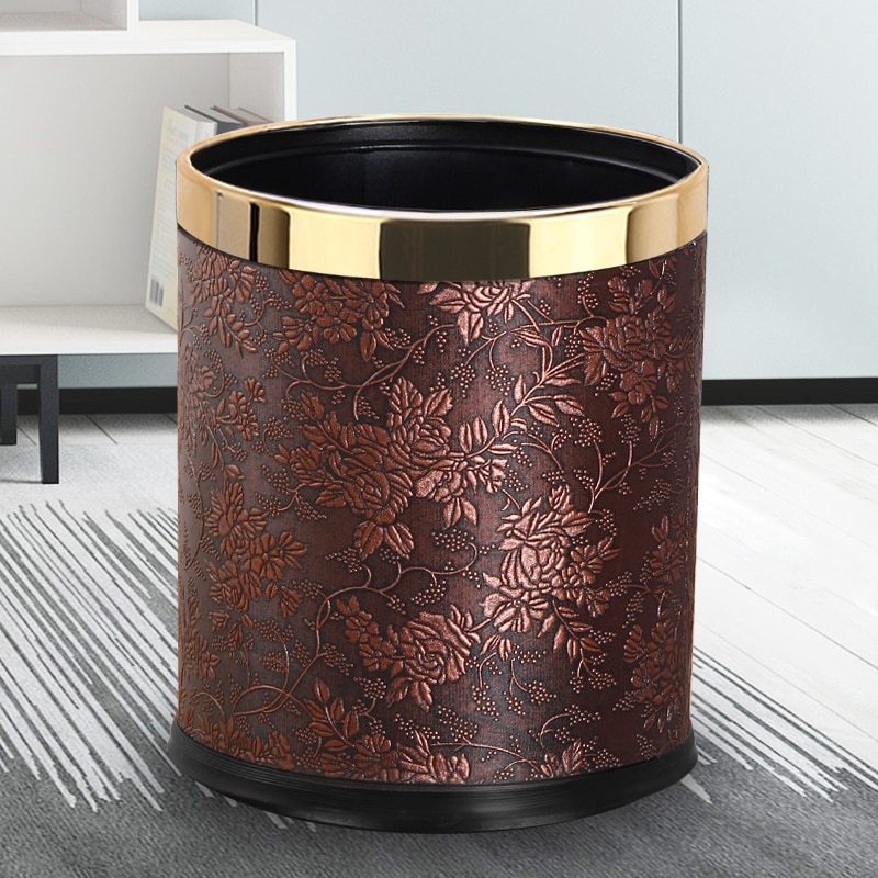 Poubelle de luxe en métal avec couvercle en cuir | Poubelle de bureau ouverte à Double couche de forme ronde