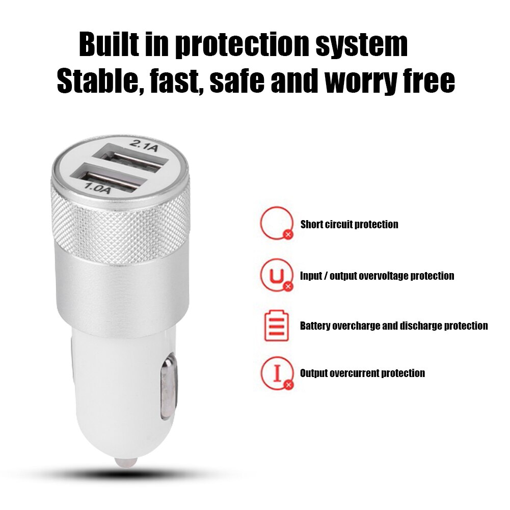 Kfz-ladegerät aus zinklegierung mit 2 anschlüssen 2.1a 1.0a ladebuchse aus aluminium mit zwei usb-buchsen für mobiltelefonzubehör