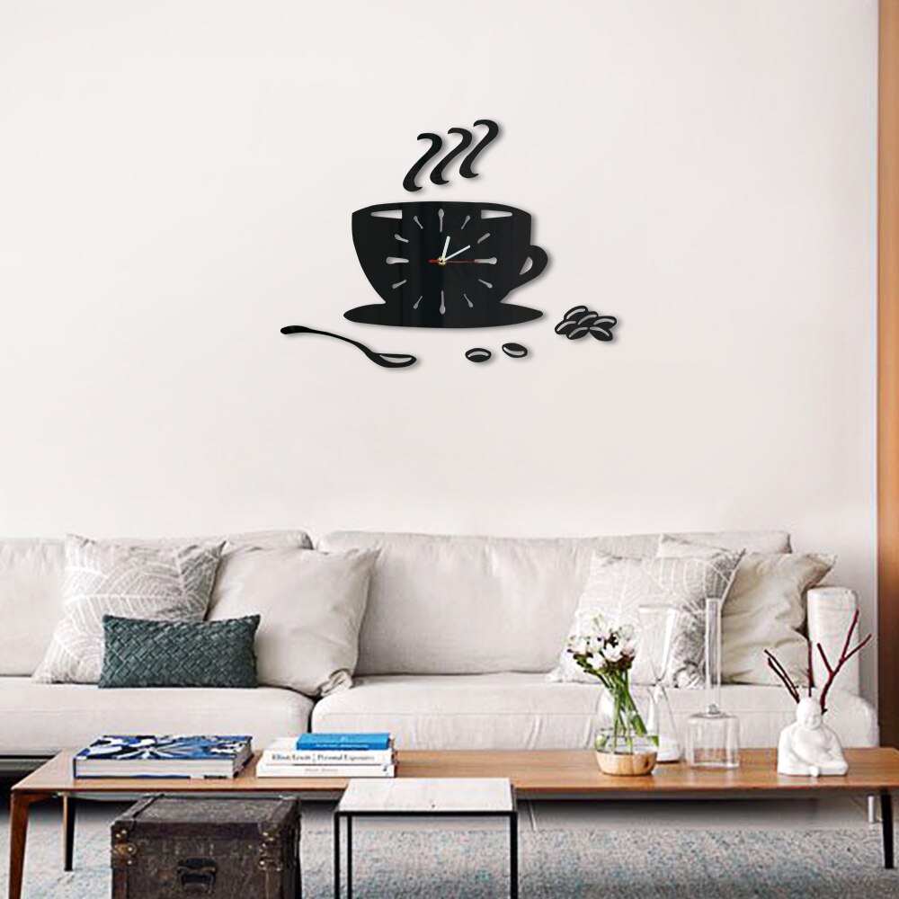 Tazza di caffè bar Negozio Moderna di Arte Della Parete FAI DA TE Orologio Da Parete Chicchi di Caffè Acrilico Effetto Specchio Orologio Appeso Orologio Casa di Caffè arredamento