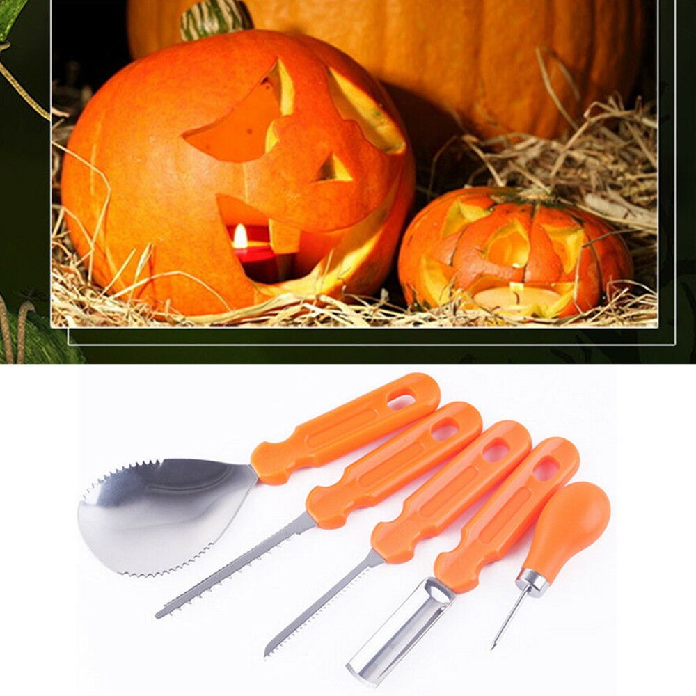 5pcs Halloween Pumpkin Carving Kit Pumpkin Lanterns Engraving Tool Orange Plastic Handle Kitchen DIY Party Decor