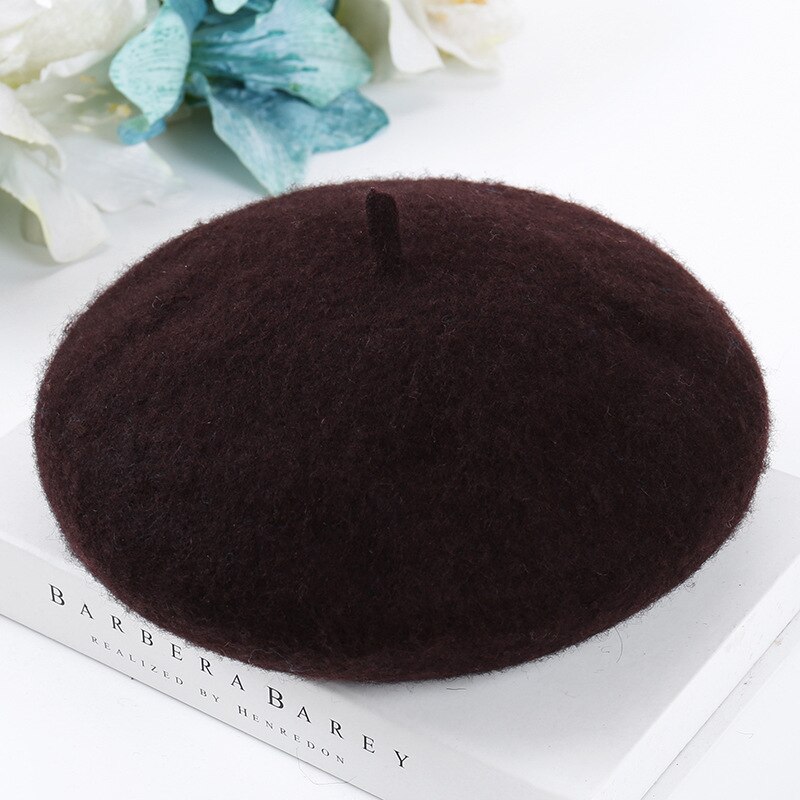 Cheap Women Winter Wool Beret French Hat Female Solid Color Bonnet Beret Hat Girls Thick Warm Walking Hat 15 Color: coffee
