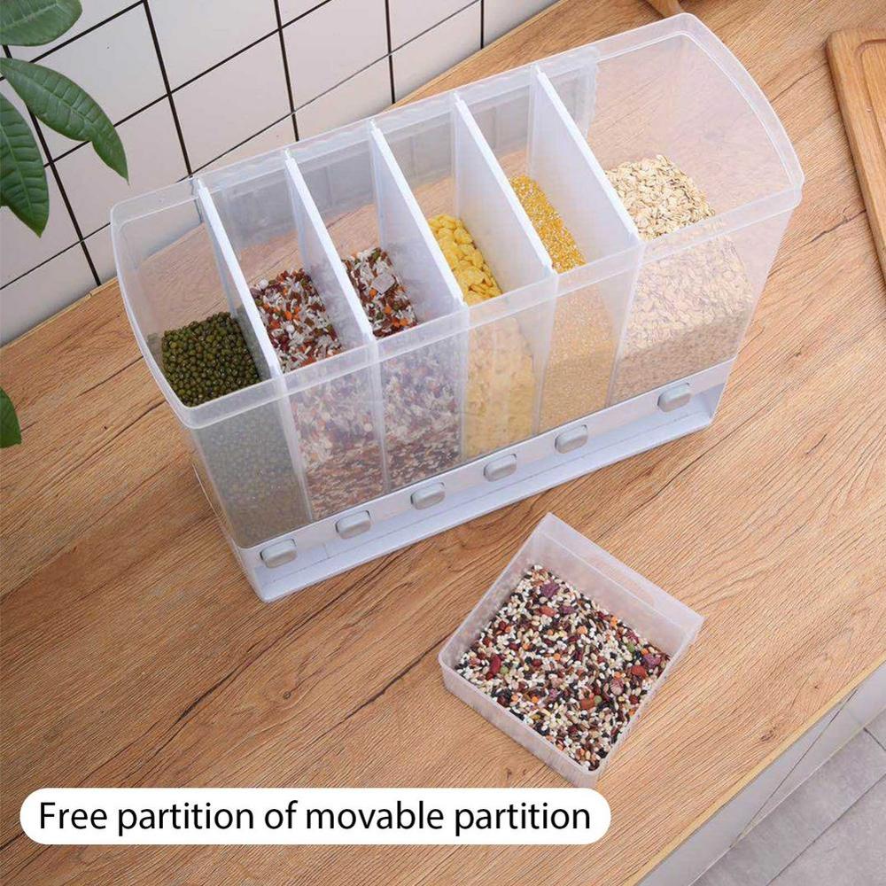 6 Grids Dry Food Dispenser Separate Rice Bucket Cereal Dispenser Moisture Proof Automatic Racks Sealed Metering Food Storage Box