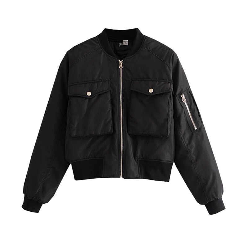 Chaquetas de béisbol cortas para Mujer, abrigo informal liso con cremallera, holgado, prendas de vestir, Tops, Chaqueta para Mujer: Black / M
