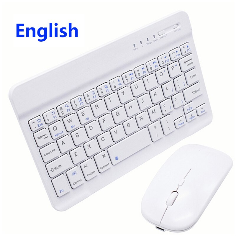 10 Inch Wireless Keyboard Bluetooth Keyboard Mouse Combos Russian Bluetooth Keyboard Rechargeable For ipad Phone Tablet Laptop: English White