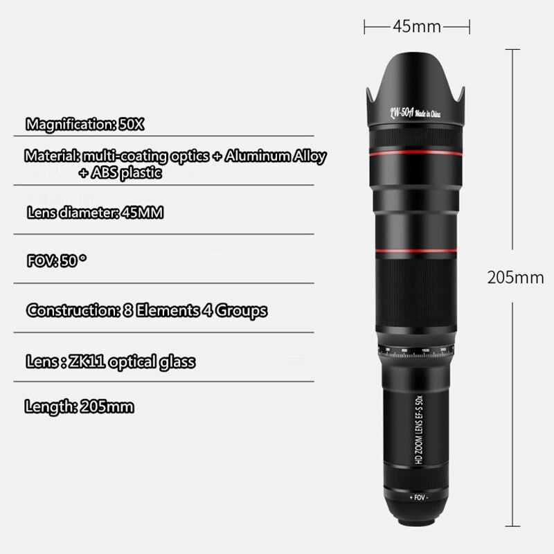 HD 50X lente de teléfono Cámara telefoto Zoom Monocular lente de telescopio SelfieTripod para todos los Smartphones ajustable lentes de teléfono celular