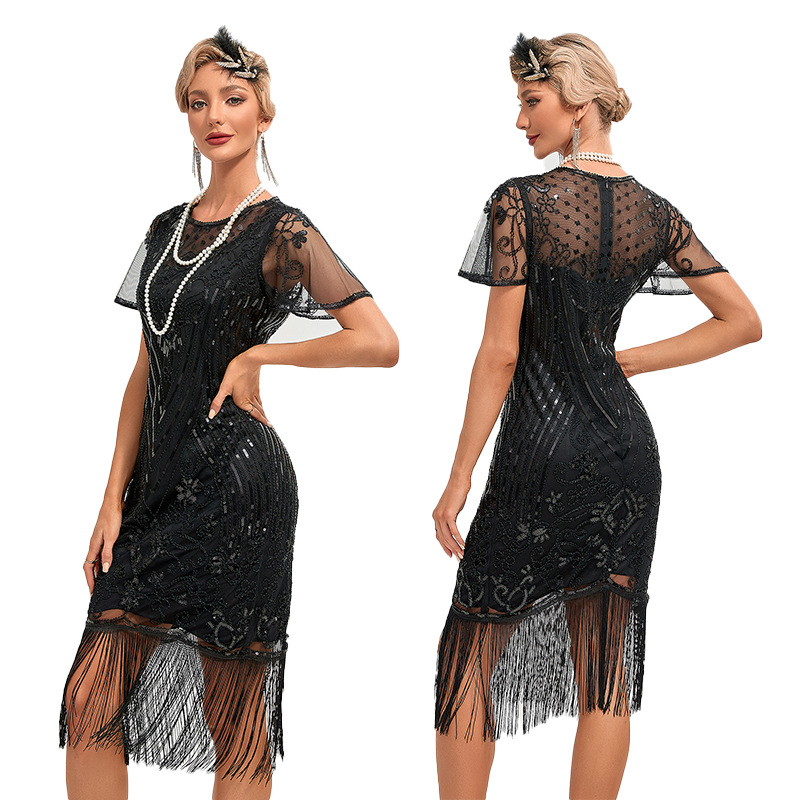 Vestido Flapper de los años 20, S-4XL de talla grande, Vintage para mujer, gran Gatsby, Color, borla de lentejuelas, vestido de de los años 20, disfraz de malla para mujer: 4XL / Negro