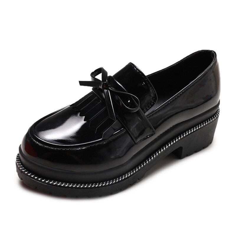 Oxford sko kvinde tyk bund platform frynser kvast kvinder sko loafers kvindelige lejligheder lak læder slip on dame sko: Sort 2 / 5