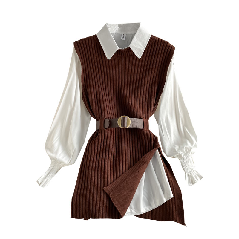 Chemise à manches lanternes pour femmes, gilet tricoté, ensemble deux pièces de style collégien, gilet à la taille, top UK900, printemps-automne