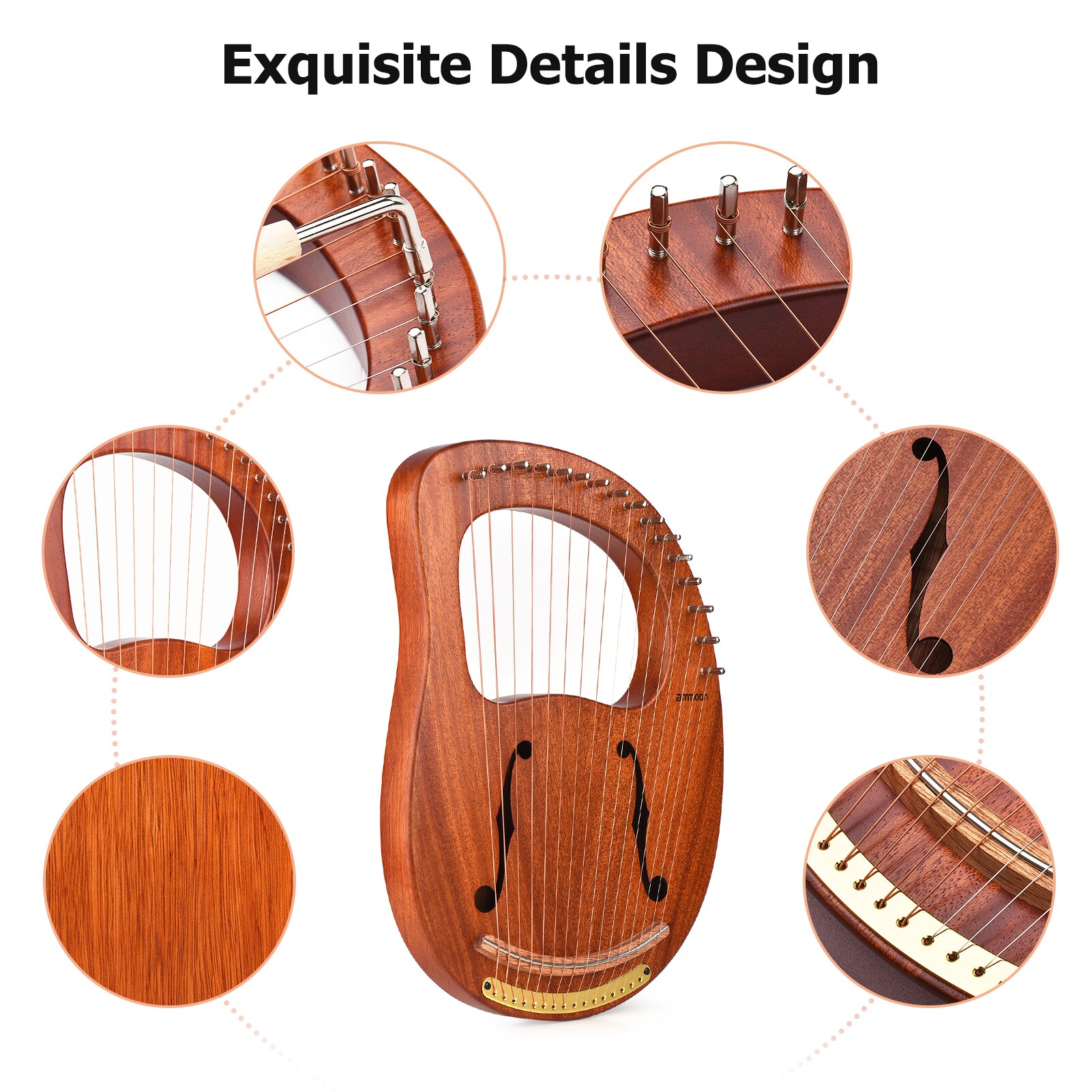 ammoon 16-String Wooden Lyre Harp Metal Strings Wood String Instrument with Carry Bag Tuning Wrench Cleaning Spare Strings Cloth