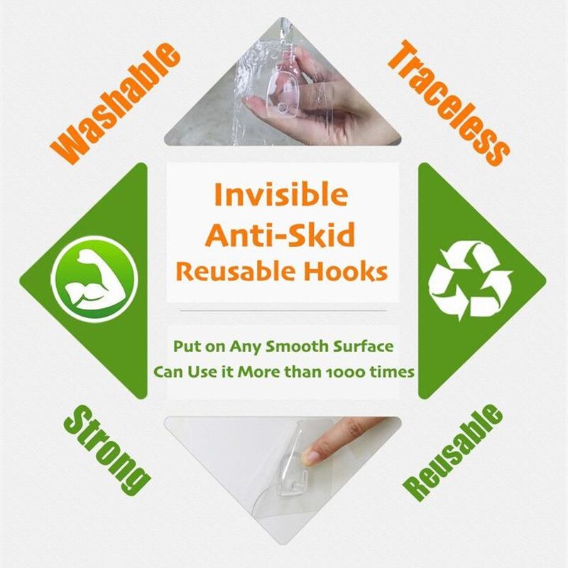 Usynlige anti-skrid genanvendelige kroge stærke gennemsigtige suge suger køkken badeværelse nøgleholder opbevaring bøjler væg krog