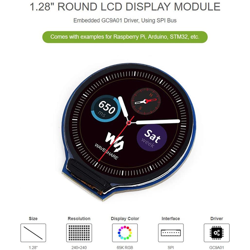 Écran LCD rond de 1.28 pouces, Module de Communication SPI GC9A01, rvb 65K, Support de couleur Raspberry