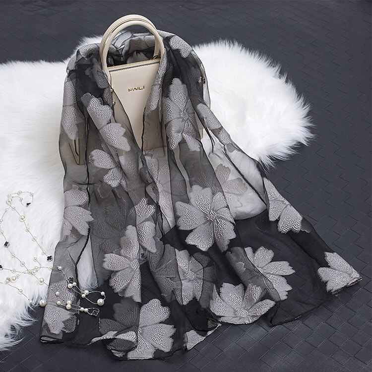 printemps Organza soie écharpe femmes de luxe broderie longue écharpe Hijab hiver dentelle foulards châle pour fille accessoires: Gris