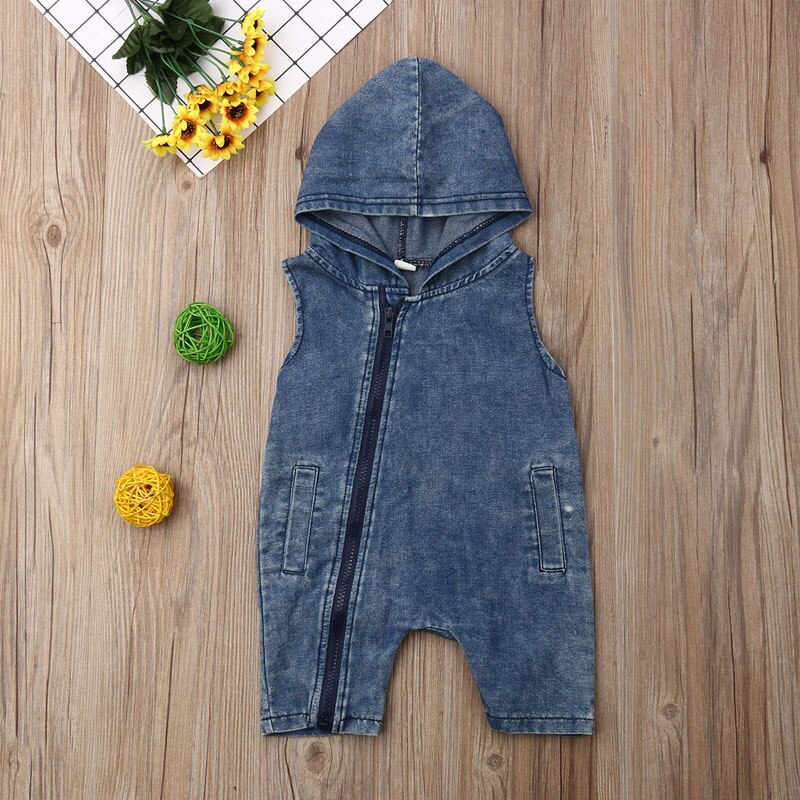 Focusnorm 2 Farben 0-4T Kleinkind Baby-Body Overall Ärmelloses Hooded Zipper Feste Denim Sommer Kleidung Sunsuit