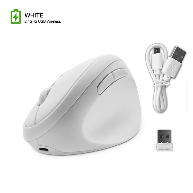 6D 1600 DPI Adjustable Vertical Mouse Rechargeable USB Wireless Mause Pink Matte Ergonomical Mice for PC Laptop Office Use: White