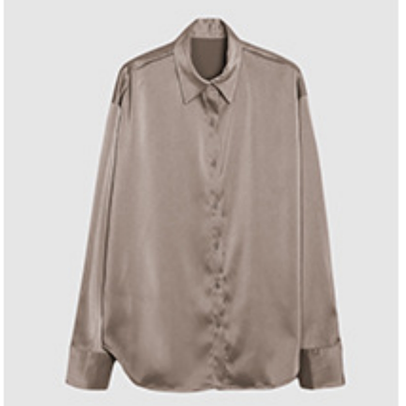 Vårskjorte med knapper i sateng og silke, vintagebluse, hvite topper, dame, lange ermer, løse gateskjorter, 11355: S / Champagne