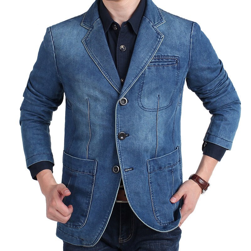 Denim Suit Man Four Seasons Casual Loose Plus Size Solid Color Full Sleeve Pockets Young Coats Jacket Male