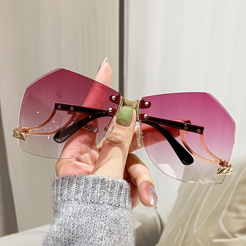 Ochelari de soare neregulați fără rame, lentile oceanice gradient șic, nuanțe, ochelari de soare eleganți și la modă, cu picioare scobite