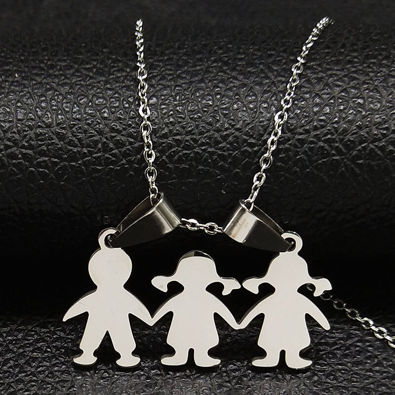 Collares de acero inoxidable para niños y niñas, collar con colgante de Mama para mujeres, hombres y niños, joyería para hombres y mujeres, N524S01: 2girl 1Boy SR 50cmO