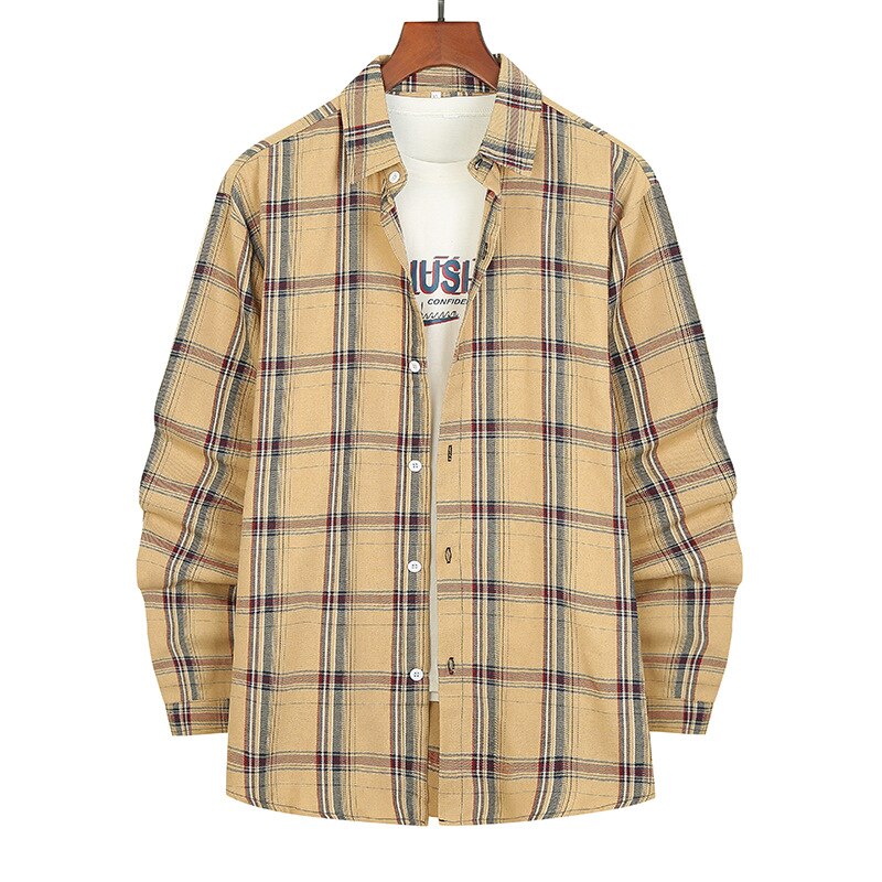 Men's Flannel Button-Down Shirt - Long Sleeve, Regular Fit, Plaid, Casual, Yellow Color